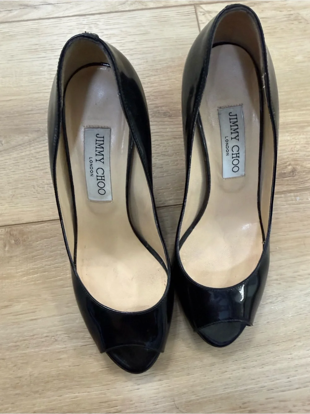 Jimmy Choo Black Patent Peep-Toe Wedges